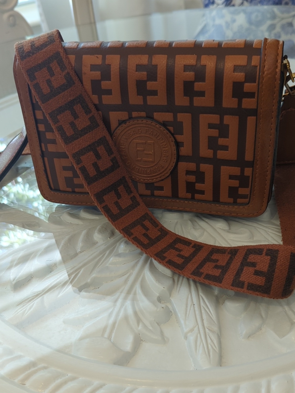 Brown Logo Jacquard Messenger Bag with Branded Strap